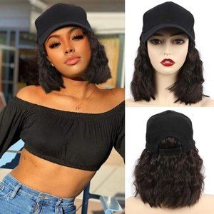 Baseball Cap Hat Wig Short Wavy Bob
